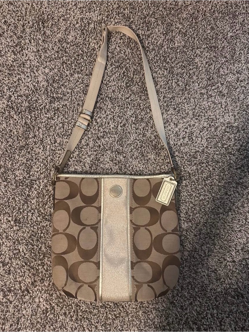 Coach Brown Signature Canvas Crossbody with Metallic Trim